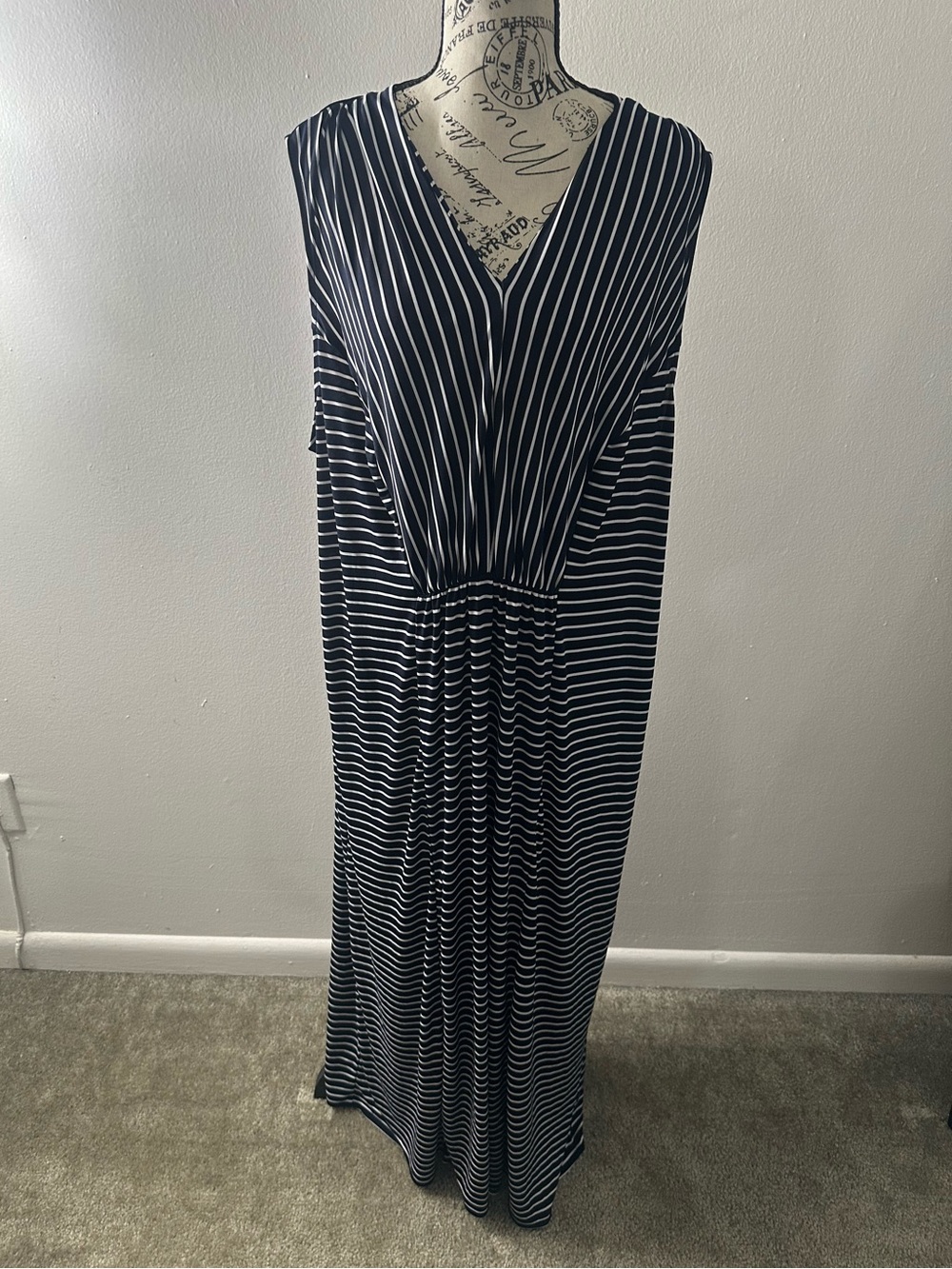 CJ Banks Black White Striped Maxi Dress V-Neck Gathered Waist Plus Size 2X